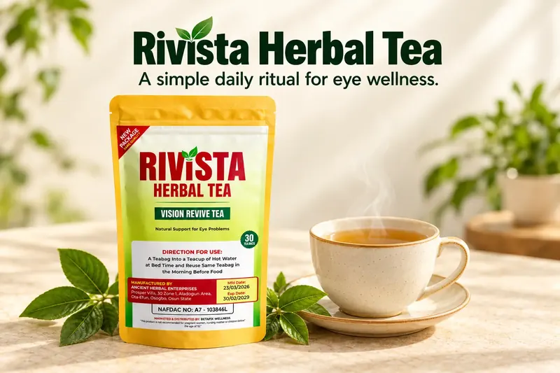 Rivista Herbal Tea pouch beside a cup of tea